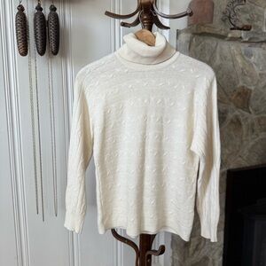 Cream Italian Merino Wool & Cashmere Dolman Sleeve Turtleneck Cableknit Sweater